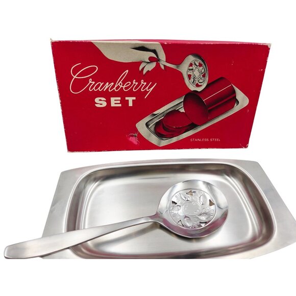 Vintage Cranberry Serving Set Leonard Stainless Steel Spoon & Tray in Box - Picture 1 of 11